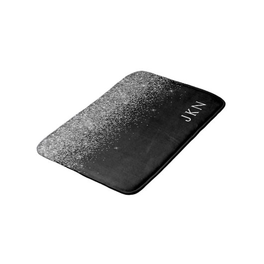 Zilveren Zwarte Glitter Monogram Meisjesnaam Begin Badmat (Gekanteld)