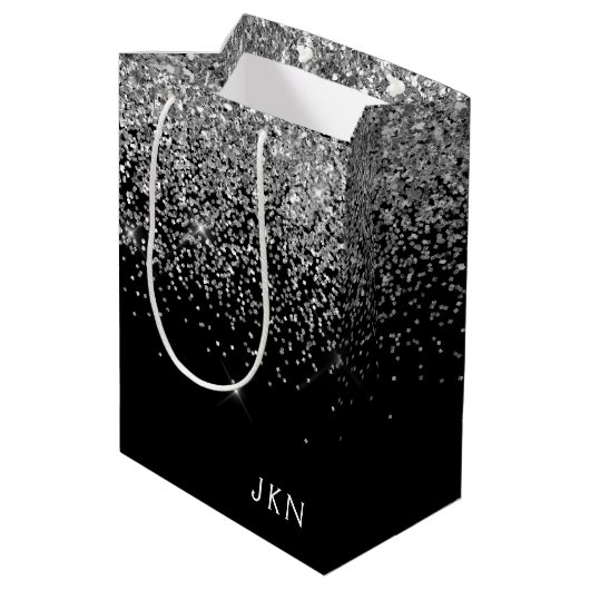 Zilveren Zwarte Glitter Monogram Meisjesnaam Begin Medium Cadeauzakje (Achterkant Gekanteld)