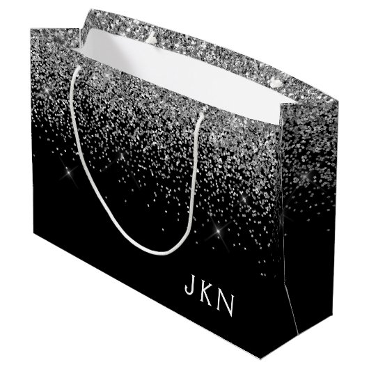 Zilveren Zwarte Glitter Monogram Meisjesnaam Initi Groot Cadeauzakje (Achterkant Gekanteld)