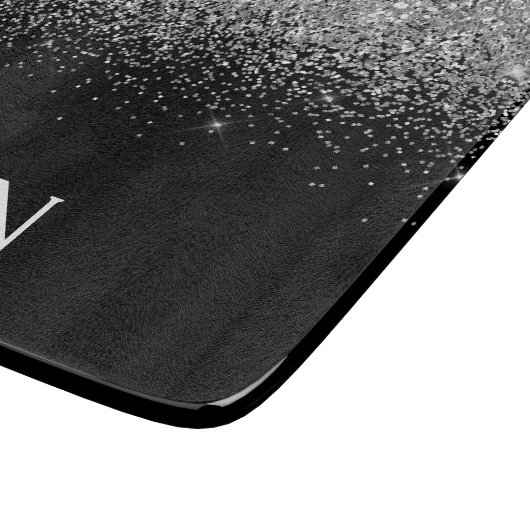 Zilveren Zwarte Glitter Monogram Meisjesnaam Initi Snijplank (Hoek)