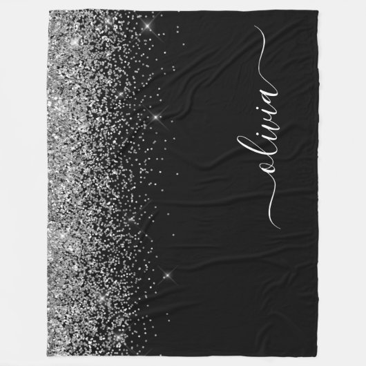 Zilveren Zwarte Glitter Script Monogram Meisjesnaa Fleece Deken (Voorkant)