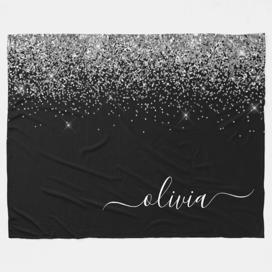 Zilveren Zwarte Glitter Script Monogram Meisjesnaa Fleece Deken (Voorkant (Horizontaal))