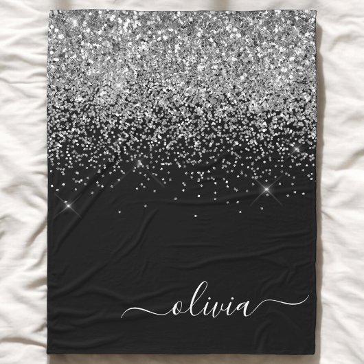 Zilveren Zwarte Glitter Script Monogram Meisjesnaa Fleece Deken
