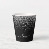 Zilveren Zwarte Glitter Script Monogram Meisjesnaa Latte Mok (Voorkant)