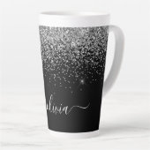 Zilveren Zwarte Glitter Script Monogram Meisjesnaa Latte Mok (Rechterhoek)