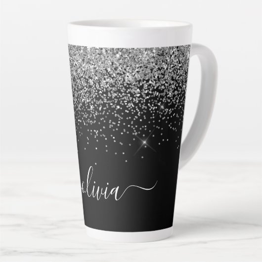 Zilveren Zwarte Glitter Script Monogram Meisjesnaa Latte Mok (Rechterhoek)