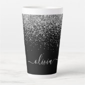 Zilveren Zwarte Glitter Script Monogram Meisjesnaa Latte Mok (Voorkant)