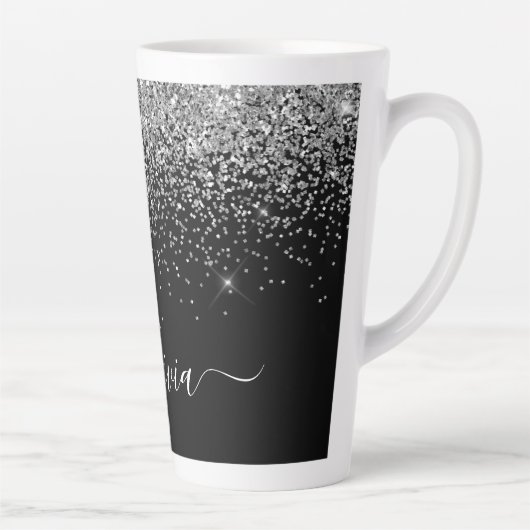 Zilveren Zwarte Glitter Script Monogram Meisjesnaa Latte Mok (Rechts)