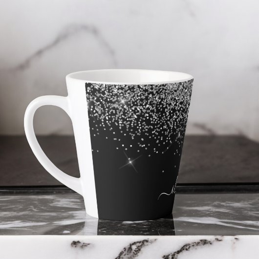 Zilveren Zwarte Glitter Script Monogram Meisjesnaa Latte Mok