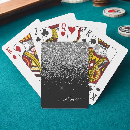 Zilveren Zwarte Glitter Script Monogram Meisjesnaa Pokerkaarten