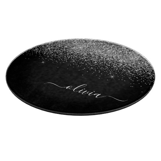 Zilveren Zwarte Glitter Script Monogram Meisjesnaa Snijplank (Hoek)