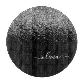 Zilveren Zwarte Glitter Script Monogram Meisjesnaa Snijplank (Voorkant)