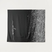 Zilveren Zwarte Glitter Script Monogram Meisjesnaa Wandkleed (Voorkant (horizontaal))