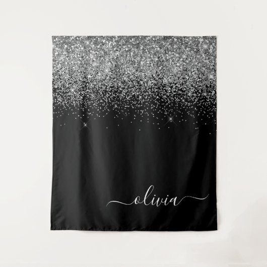 Zilveren Zwarte Glitter Script Monogram Meisjesnaa Wandkleed (Voorkant)