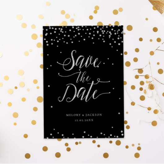 Zilveren zwarte glitter sparkle bewaar de datum kaart