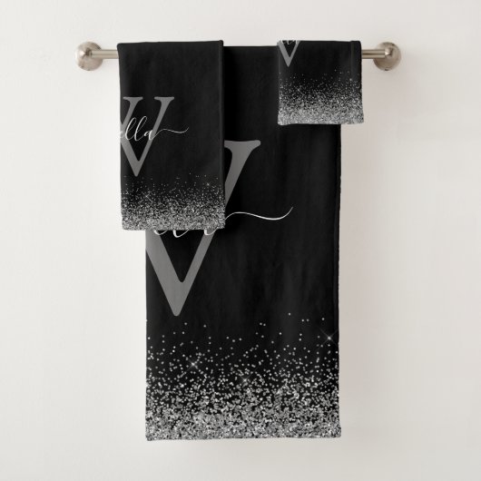 Zilveren zwarte glitters elegante scriptnaam bad handdoek (Insitu)