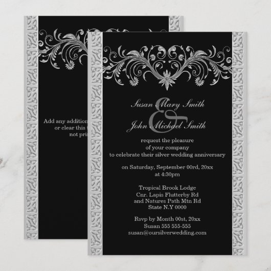 Zilveren zwarte huwelijksverjaardag verlovingsfees kaart (Voorkant / Achterkant)