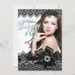 Zilveren Zwarte Jade Kant Foto Sweet 16 Uitnodigin Kaart