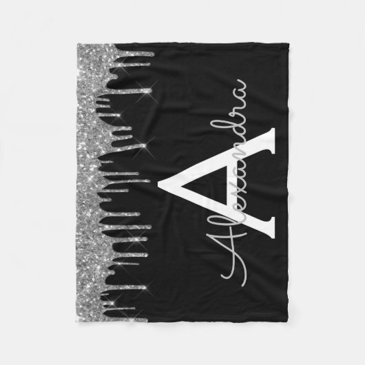 Zilveren Zwarte Luxe Glitter Glam Monogram Naam Fleece Deken (Voorkant)