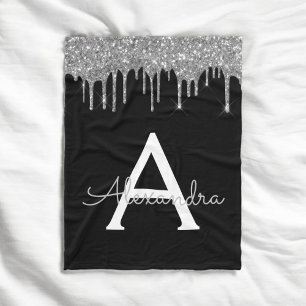 Zilveren Zwarte Luxe Glitter Glam Monogram Naam Fleece Deken