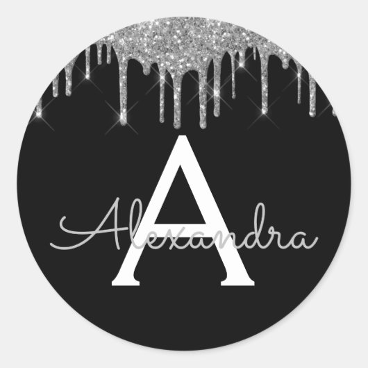Zilveren Zwarte Luxe Glitter Glam Monogram Naam Ronde Sticker (Voorkant)