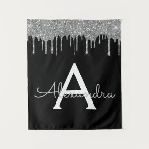 Zilveren Zwarte Luxe Glitter Glam Monogram Naam Wandkleed