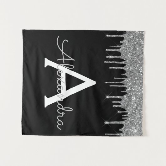 Zilveren Zwarte Luxe Glitter Glam Monogram Naam Wandkleed (Voorkant (horizontaal))