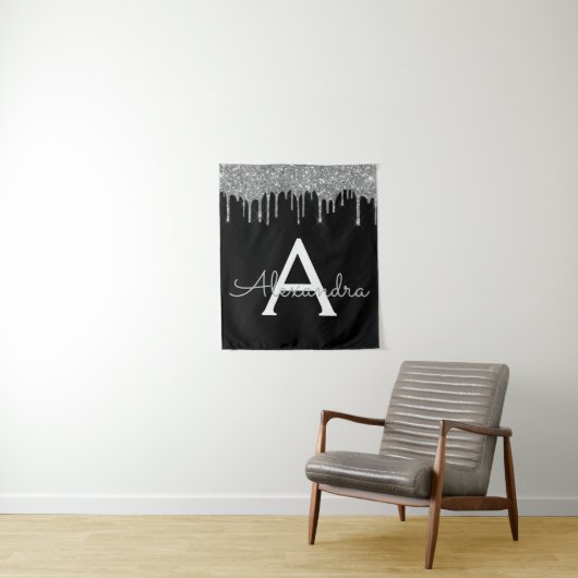 Zilveren Zwarte Luxe Glitter Glam Monogram Naam Wandkleed (In situ)