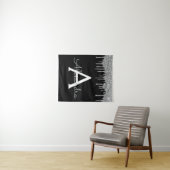 Zilveren Zwarte Luxe Glitter Glam Monogram Naam Wandkleed (In Situ (horizontaal))