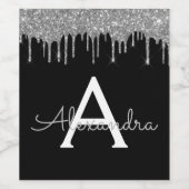 Zilveren Zwarte Luxe Glitter Glam Monogram Naam Wijn Etiket (Enkel label)