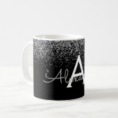 Zilveren Zwarte Luxe Glitter Monogram Naam Koffiemok (Voorkant links)