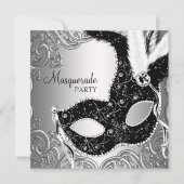 Zilveren Zwarte Masker Maskerade Feest Kaart (Voorkant)