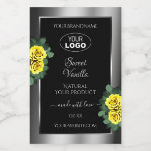 Zilveren Zwarte Productlabels Gele Rozen met Logo Voedselcontainer Etiket