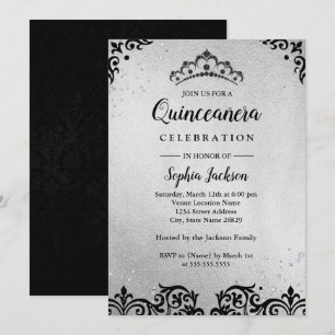Zilveren Zwarte Tiara Damast Quinceanera Kaart