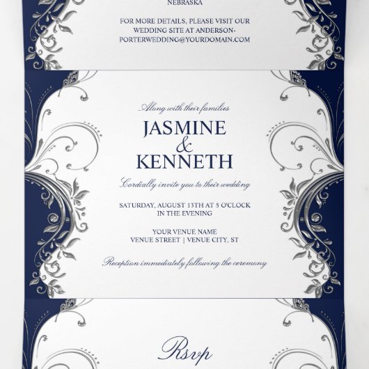 Zilveren zwemmen op het marineschip White Wedding Drieluik Uitnodiging (Binnenkant midden)