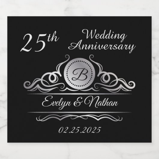 Zilveren zwemmen op zwart 25th Wedding Jubileum Sparkling Wijnetiket (Enkel label)