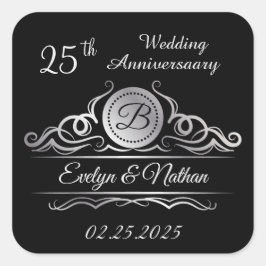 Zilveren zwemmen op zwart 25th Wedding Jubileum Vierkante Sticker