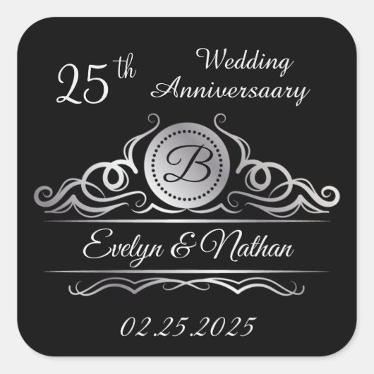 Zilveren zwemmen op zwart 25th Wedding Jubileum Vierkante Sticker (Voorkant)