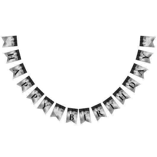 Zilverflesolie en zwarte druppelglitter Birthday Vlaggetjes (Alle)