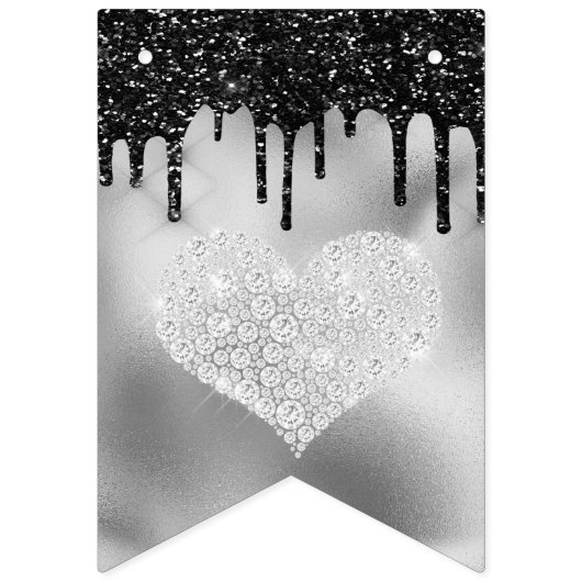 Zilverflesolie en zwarte druppelglitter Birthday Vlaggetjes (Eerste vlag)