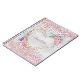 Zilverflorale blush roze glitter naam geometrisch notitieboek (Linkerzijde)