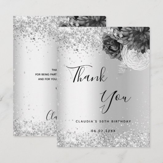 Zilverfloralen elegant bedankkaart (Voorkant / Achterkant)