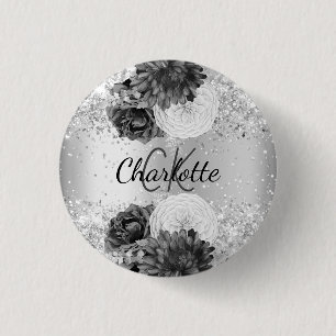 Zilverfloralen elegant naamlabel ronde button 3,2 cm