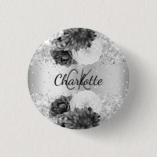 Zilverfloralen elegant naamlabel ronde button 3,2 cm (Voorkant)