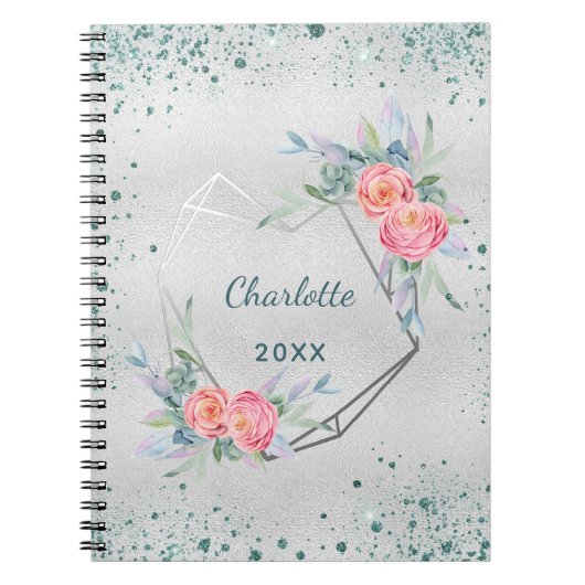 Zilverfloralen groene glitter sparkles notitieboek (Voorkant)