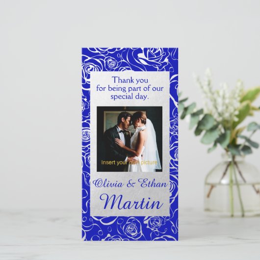 Zilverfolie Bloemen met Rozen en Royal Blue Bedankkaart (Staand voorkant)