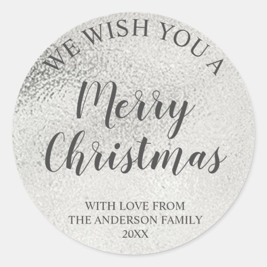 Zilverfolie en grijze script Kerstmis Ronde Sticker (Voorkant)