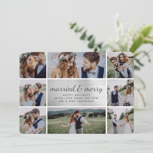 Zilverfolie Getrouwd & Vrolijk Huwelijksaankondigi Feestdagenkaart (Staand voorkant)