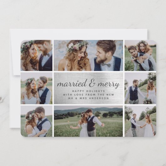 Zilverfolie Getrouwd & Vrolijk Huwelijksaankondigi Feestdagenkaart (Voorkant)