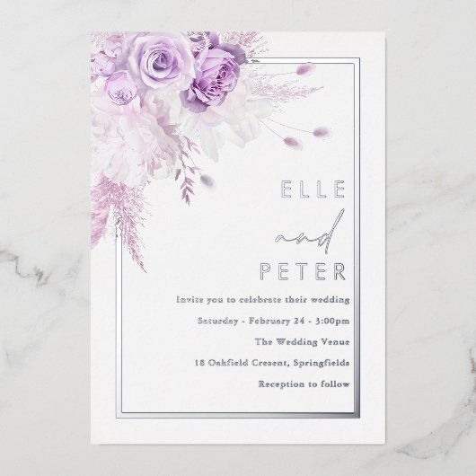 Zilverfolie & Lavendel Rozen Bruiloft Folie Uitnodiging (Voorkant)